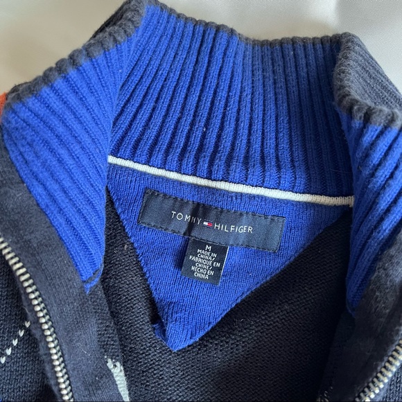 Tommy Hilfiger Argyle quarter zip blue red green tan orange sweater medium mens - Picture 3 of 4